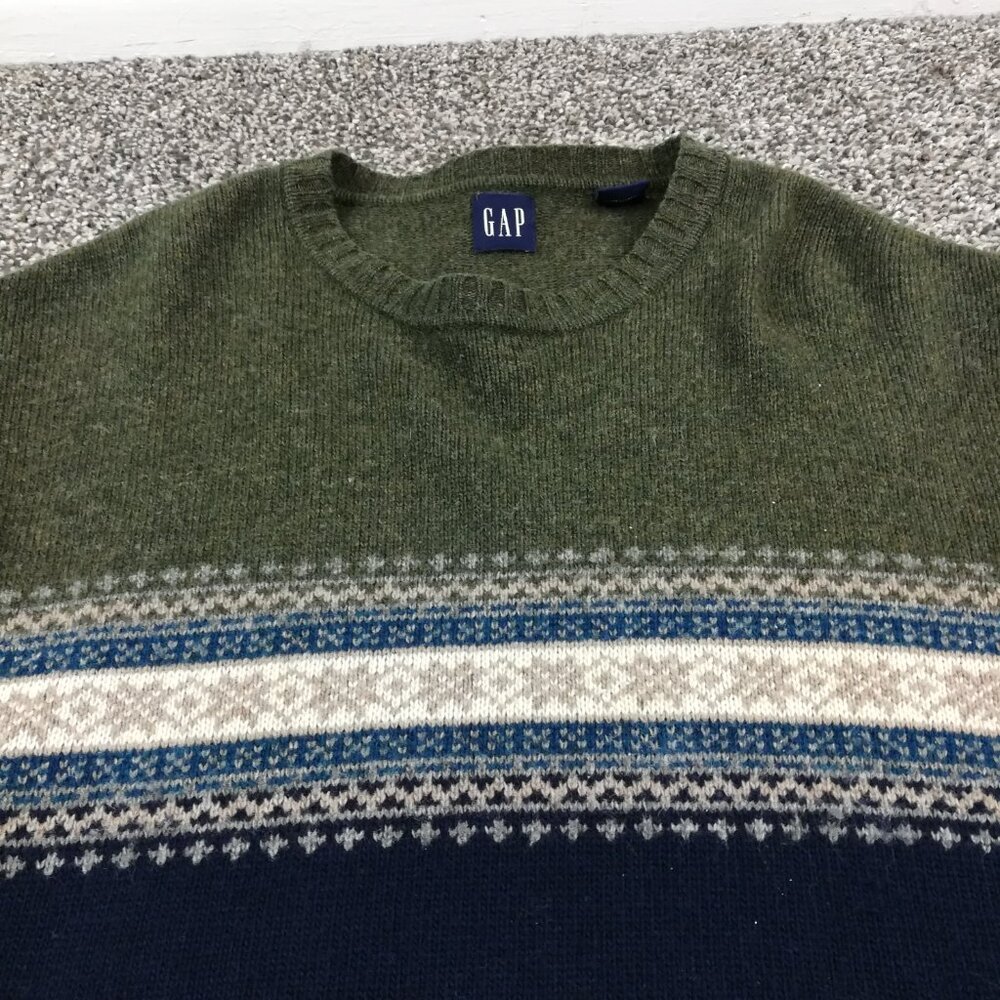 Vintage GAP Sweater Fair Isle Lambswool Crewneck Pullover Blue Green Mens XL